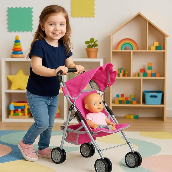 fash n kolor - Doll Stroller My First Baby Doll Strollers Toy - Flower Design with Basket in The Bottom- Doll Accessories 2 Free Magic Bottles Included (Denim Pink)