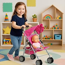 My First Baby Doll Strollers Toy - Denim Pink Design with Basket in The Bottom- Foldable Baby Doll Umbrella Doll Stroller Fits Upto 18 Dolls, Gift Toys for Girls,Baby Doll Accessories