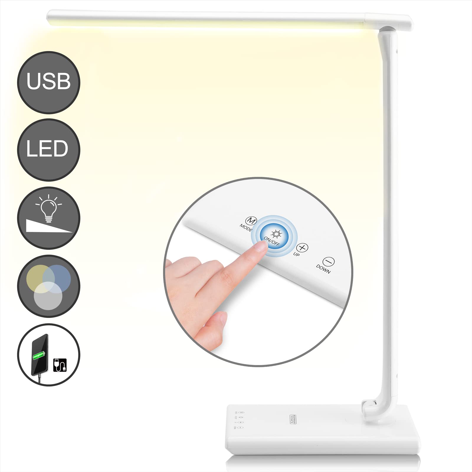 Lampada LED Da Scrivania Monzana - 5 Livelli Luminosità, Porta USB, Testa Orientabile, Luce Regolabile