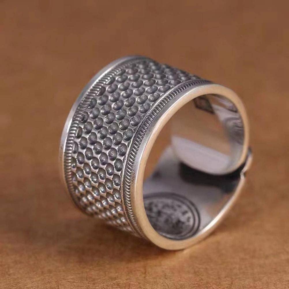 SIWAN Ring Retro Lucky Muster Ring S999 Silber Herren Breites Retro Retracable Ring HerrengeschenkEinstellbar