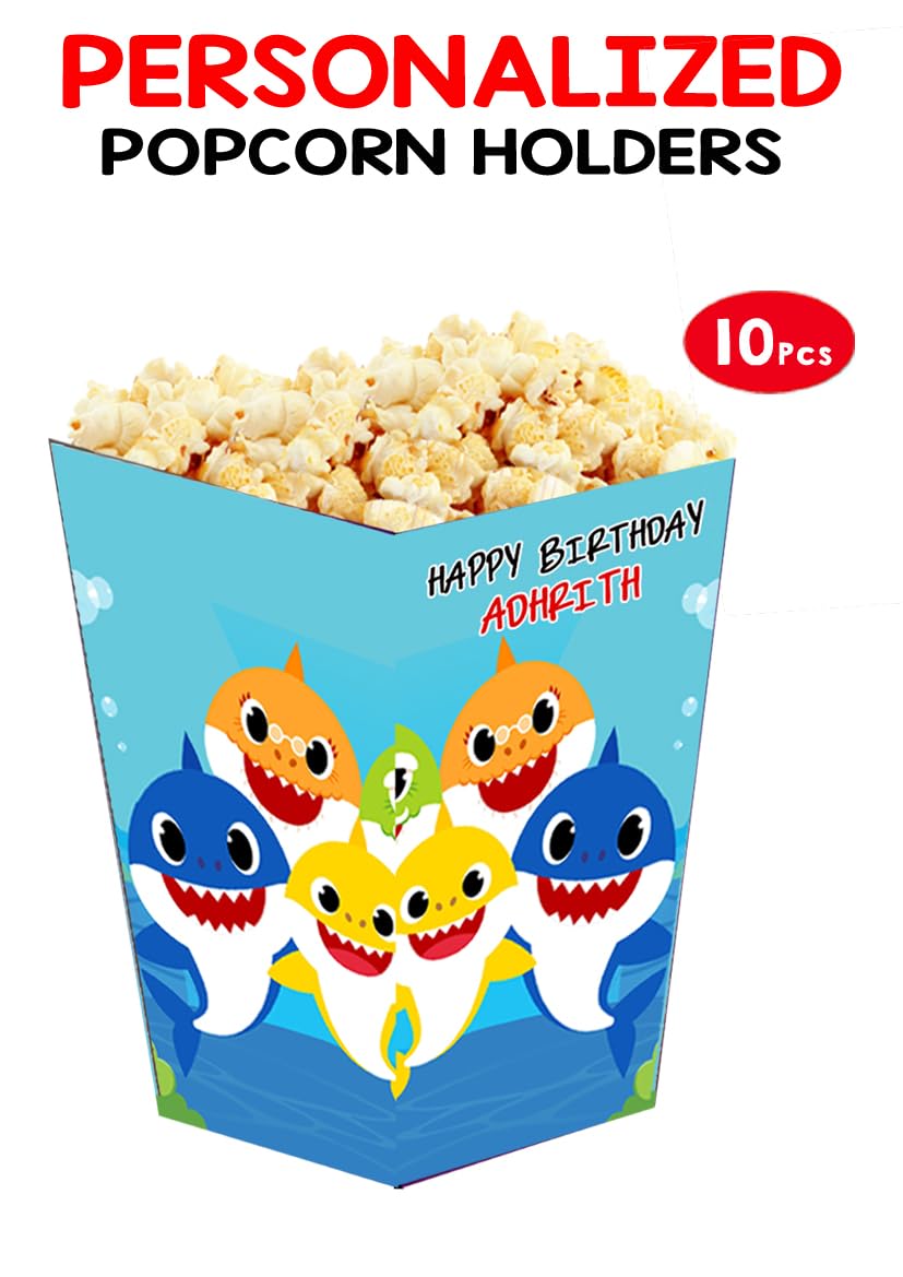 WoW Party Studio Personalized Shark Under Sea Theme Popcorn Holder/Cups, Sleeves, Material - 300 GSM thick Cardstock Paper, with Birthday Boy/Girl Name Printed - 10 Pcs