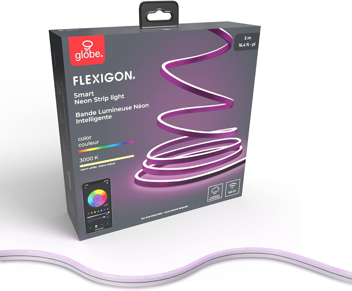 50273 Wi-Fi Smart Flexigon Multicolor Cambio de LED RGB Enchufable para Tira de Neón para Interiores, No Requiere Hub, Activado por Voz, 5 Metros/16.4 Pies, Clasificación IP65, 3000 Kelvin