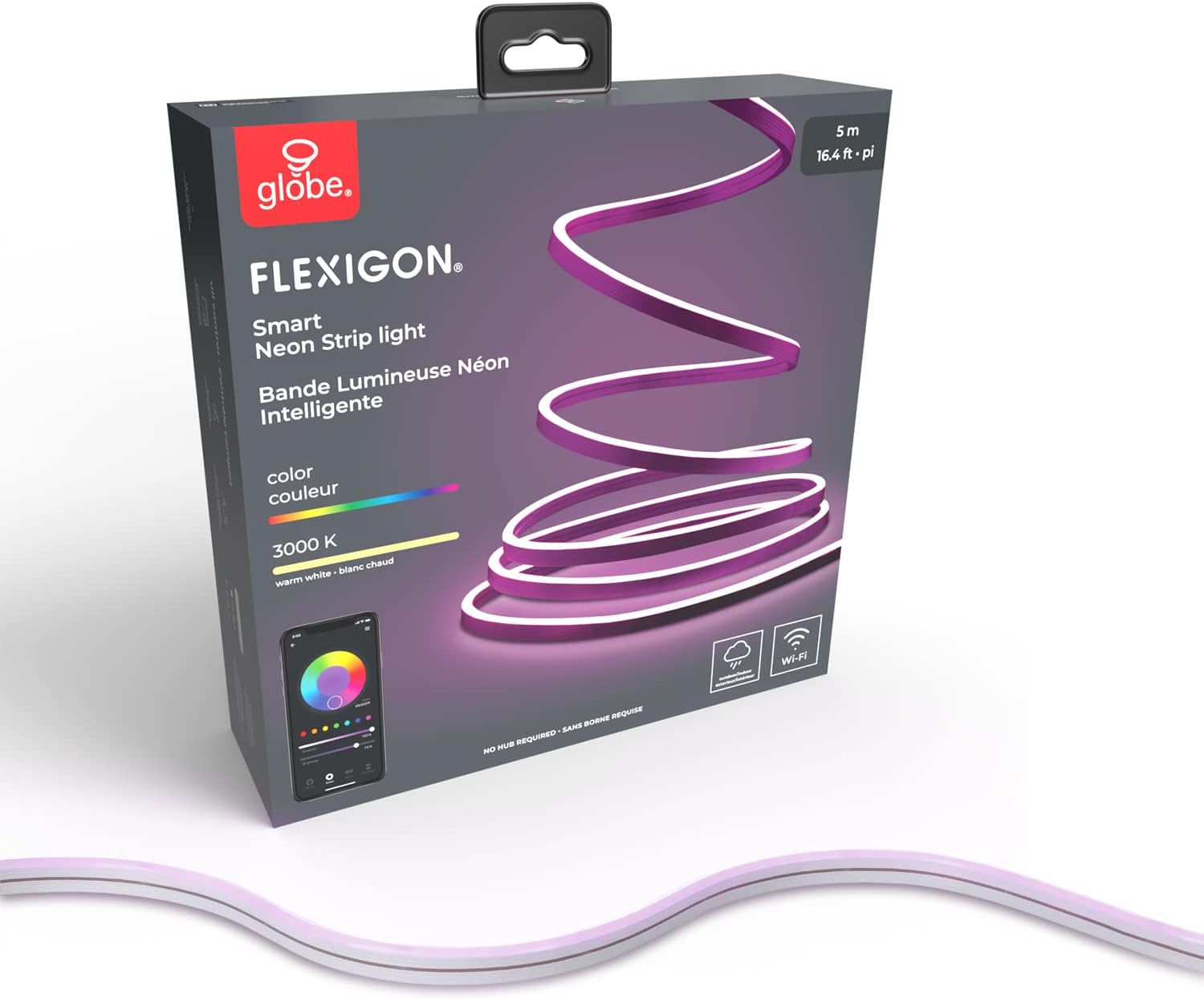 Globe Electric 50273 Wi-Fi Smart Flexigon Multicolor Changing RGB LED Plug-in Outdoor Indoor Neon Strip Light, No Hub Required, Voice Activated, 5 Meters/16.4 Feet, IP65 Rated, 3000 Kelvin