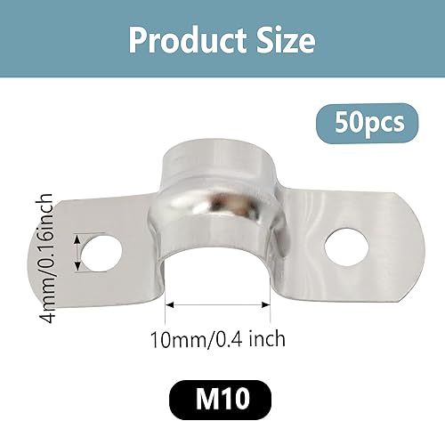 Miniatura 2 de 50PCS 0.4 pulgadas de correa de tubo rígida, acero inoxidable 2 agujeros abrazadera de cable, soporte de sujeción de tubo en forma de U