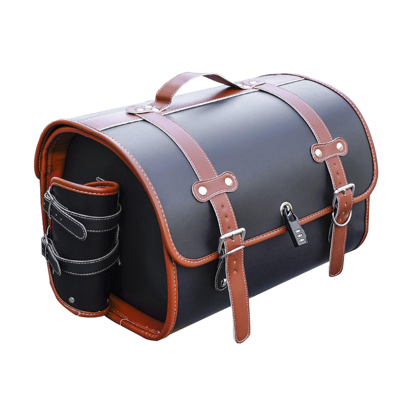 LECREA Motorcycle Saddle Bag for Suzuki Boulevard M50 2005-2022, Leather Motorcycle Rear Seat Tail Pannier Bag Waterproof, 33L Large Capacity Motorcycle Storage Tool Bag,D Black+Brown