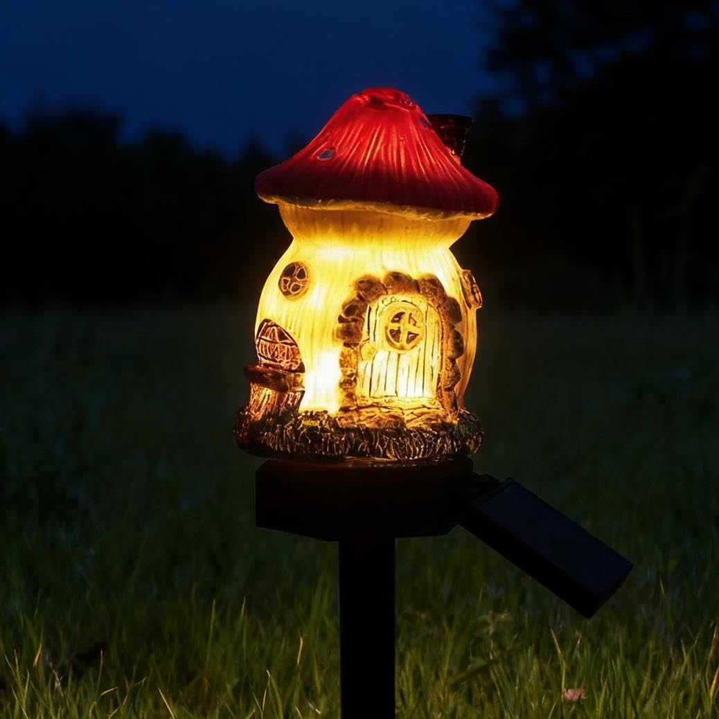 Businey Mini Solar Mushroom House Lights, Solar Garden Lights, Fairy Tale Ornament, Stake Lights for Outdoor, Waterproof Powered Pathway Light, Miniature Garden Decoration for Walkway, Red