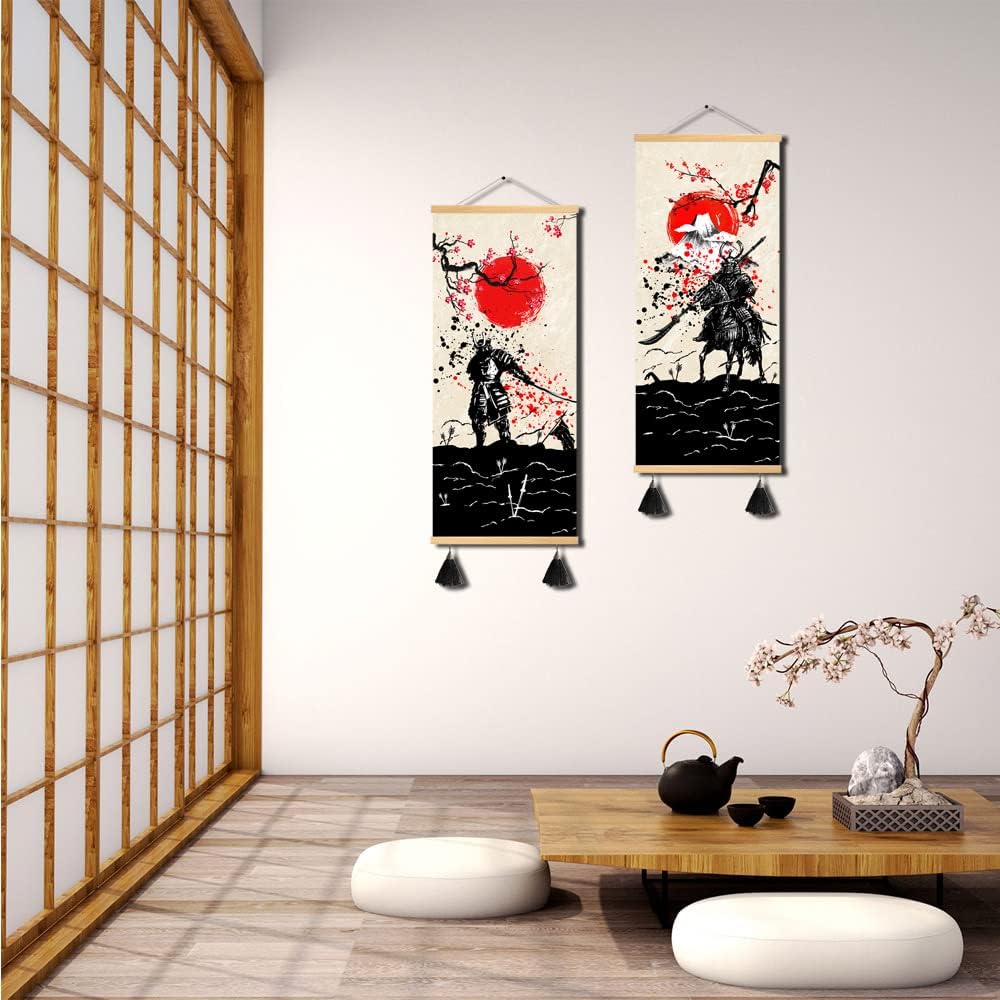MBOUFOEY 2 Pieces Red Black Ancient Japan Warrior and Fuji Mountain Scroll Painting Samurai Canvas Wall Art Print Poster Ready To Hang Vintage Style Artwork Home Decor 12"x32"x2pcs