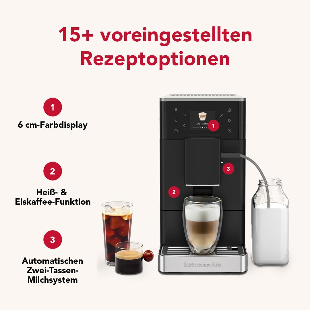 KitchenAid KF3 Macchina da caffè automatica 5KES8453 con funzione di caffè Iced, macina IntelliGrind, sistema AutoMilk, 15+ ricette, display a colori da 6 cm, 15-18 bar, nero opaco