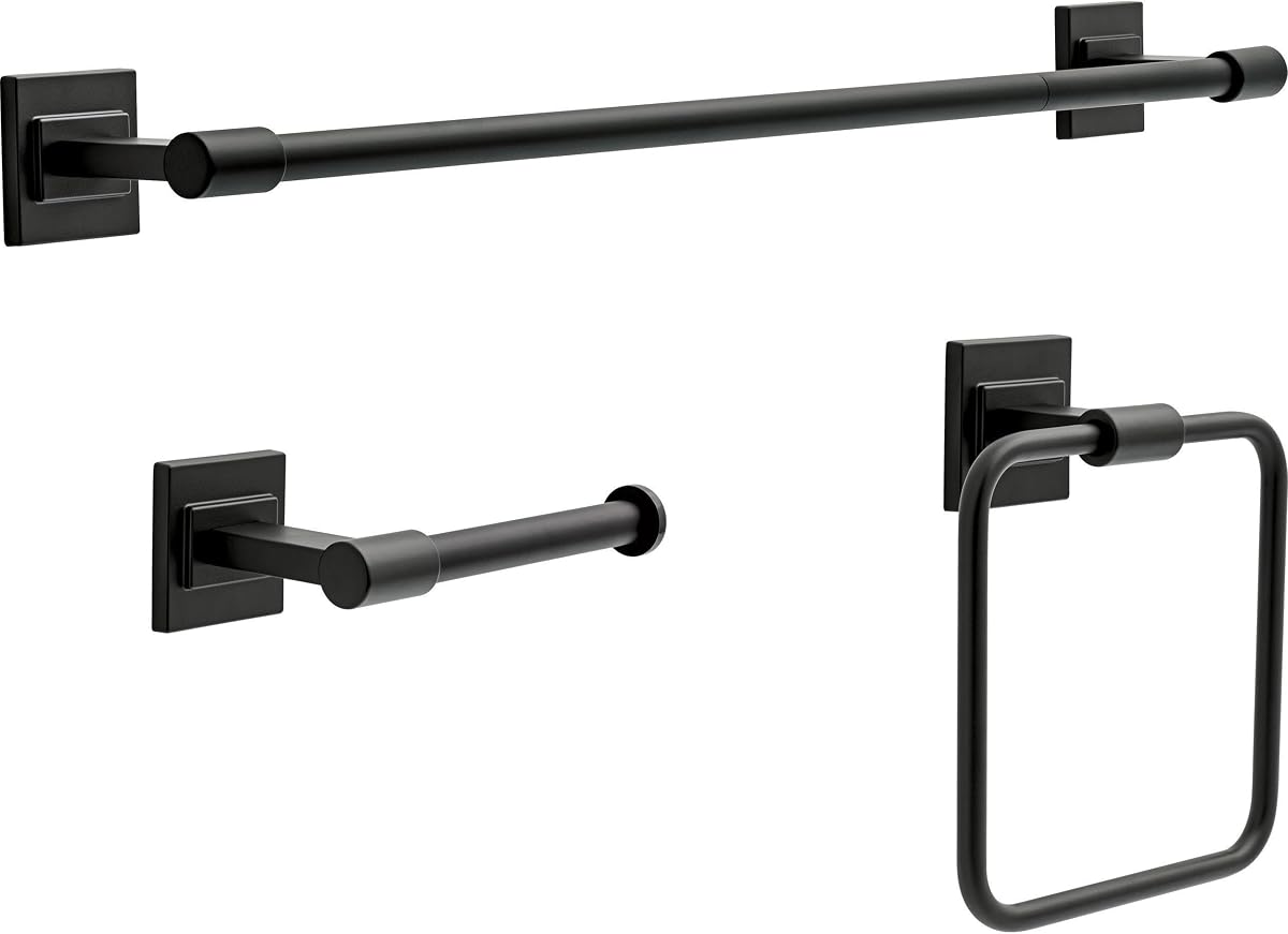 Delta Faucet McLaren 3-Piece Bathroom Set, Matte Black, 18"/24" Towel Rack, Toilet Paper Holder, Ring MCL63-MB