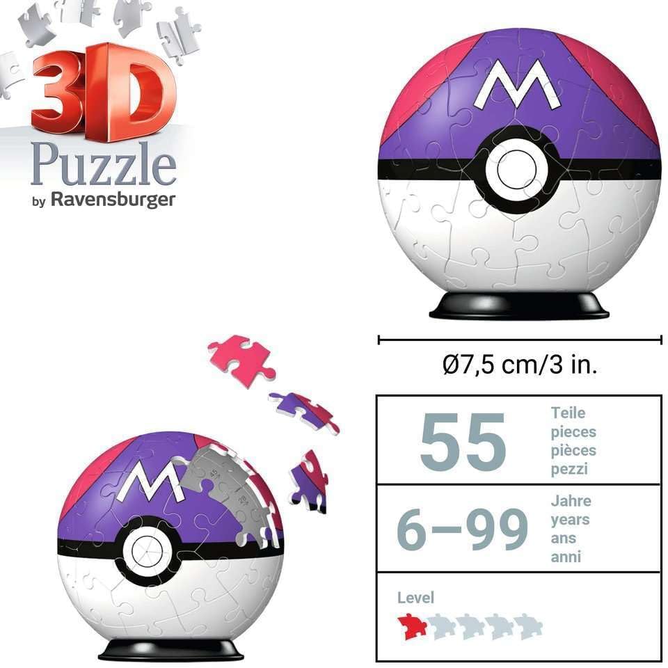 Ravensburger 3D Puzzle 11564 - Puzzle Ball Pokémon Pokéballs - Master Ball - [EN] Master Ball - 54 Pieces - for Pokémon Fans from 6 Years