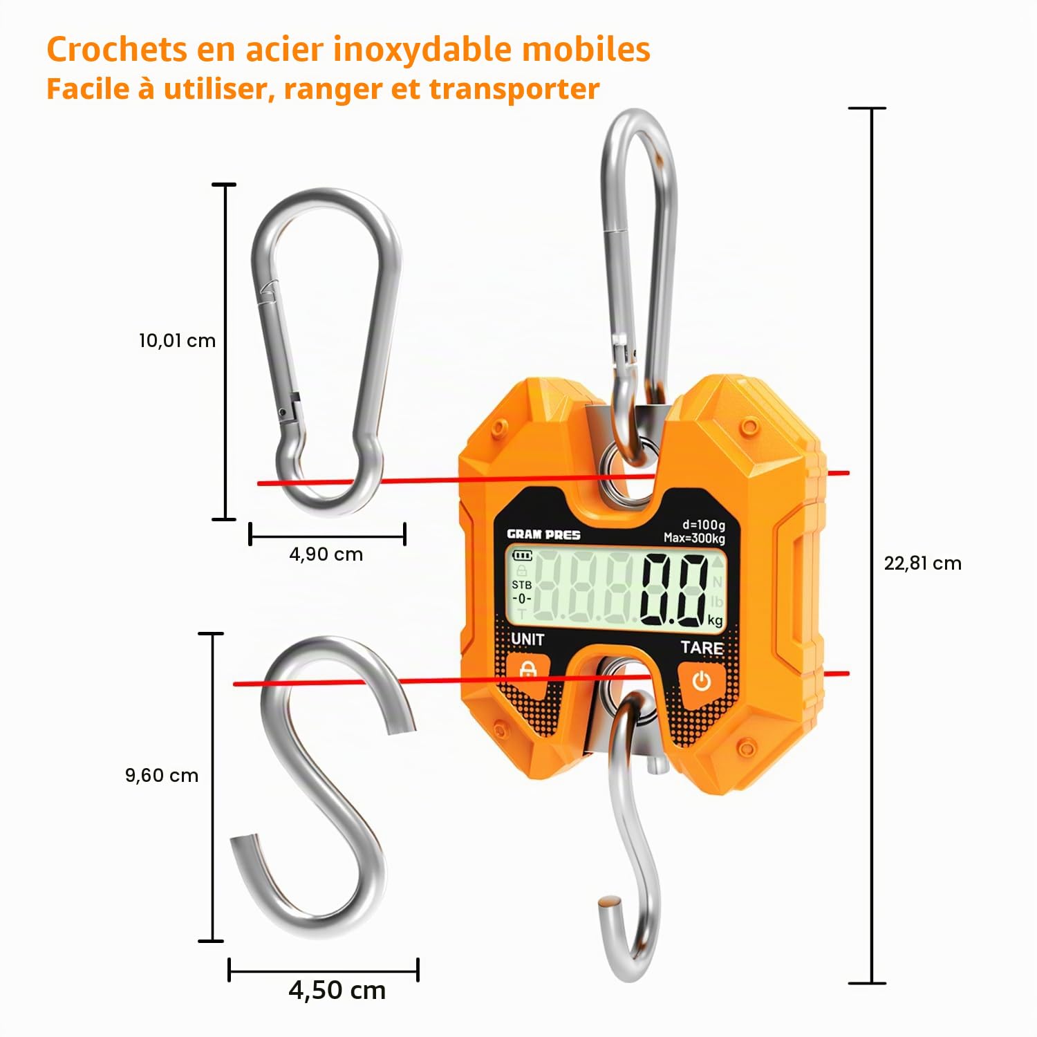 GRAM PRES Balance numérique suspendue 660 lb/300 kg, mini balance de grue portable, balance numérique avec crochet pour la ferme, le poisson, la viande, le gibier, les bagages, l'extérieur