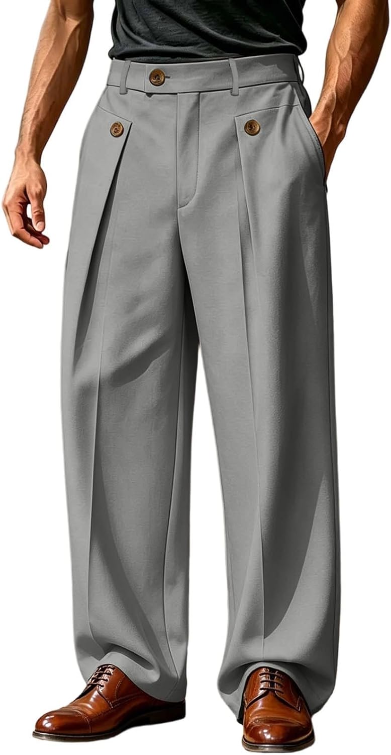HJINGSUN Mens Pleated Dress Pants Baggy Business Casual Wide Leg Suit Pants