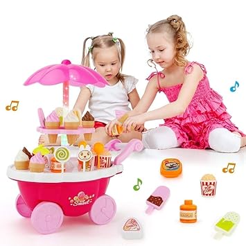 TANMAN TOYS Sweet Shopping Cart Ice Cream Candy Counter Kitchen Play Set with Lights and Music Pretend Play Toys for Kids Girls and Boys