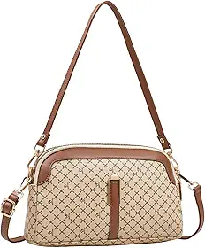 Bolsa De Couro Feminina Média Transversal Crossbody E Ombro Ajustável, Duas Divisões com Zíper, Impermeável