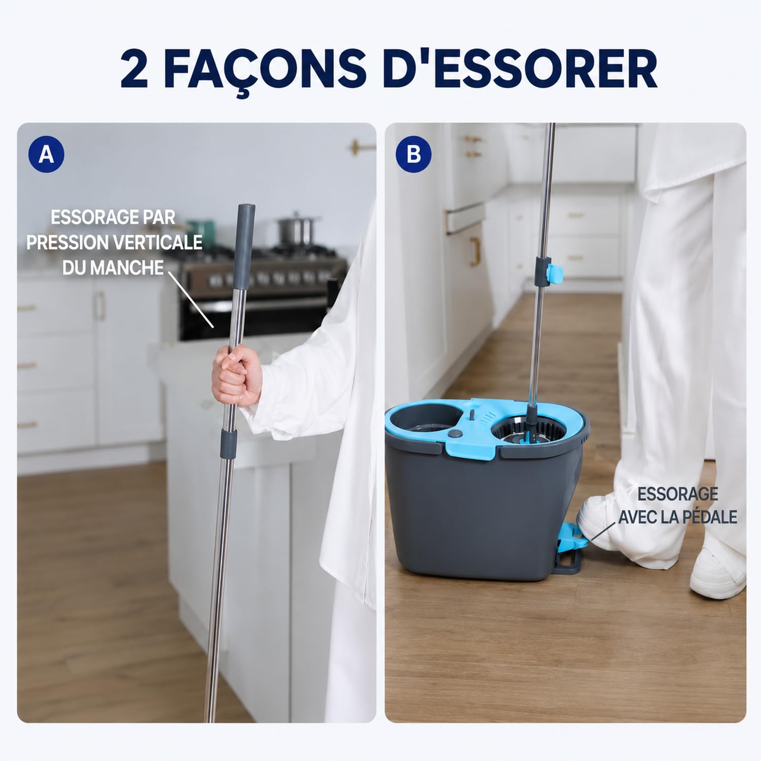 Kimiz Scopa mocio rotante con innovativo sistema di acqua pulita/acqua sporca – pulire sempre con acqua pulita – Secchio strizzatore a pedale con microfibra ultra assorbente