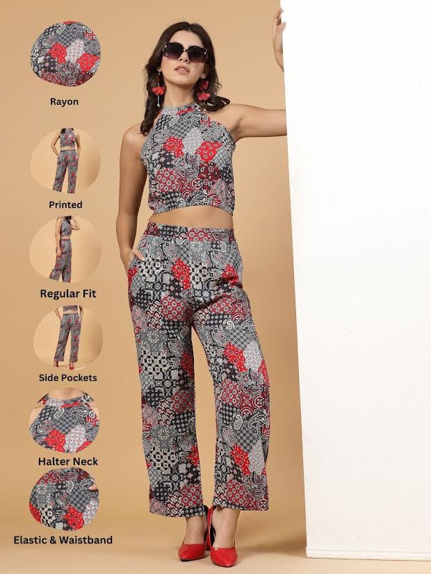 Image of Rigo Rayon Printed Top and Shorts Co-ord Set for Women | Sleeveless Co-ords Set for Women | Stylish Dresses for Women | Night Wear, Beach Wear, Vacation Wear Outfit