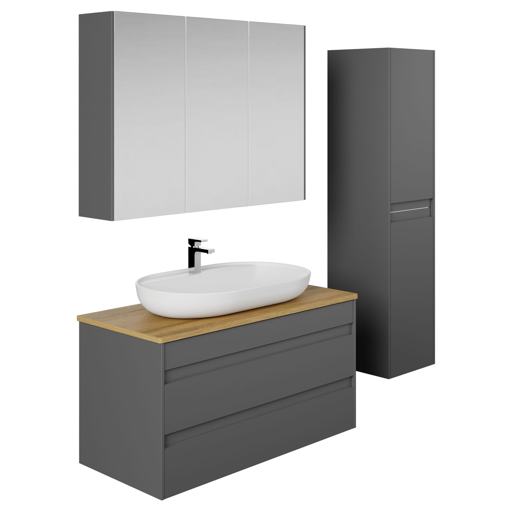 Badezimmermöbel Set Lara Konsole 100 Anthrazit | Keramikwaschbecken | Unterschrank | Spiegelschrank | Softclose-Schubladen & -Türen & unsichtbare Griffe | Moderner Stil | Badmöbel Waschtisch