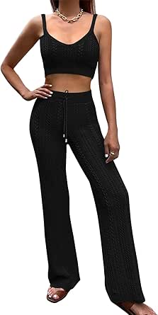 Fixmatti Women's 2-Piece Stripe Sweater Set - High Neck Top & Wide Leg Pants Loungewear