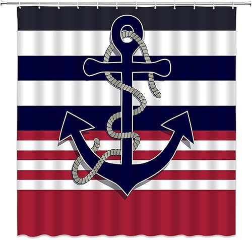 YSATNSFT Cortina de ducha náutica con ancla azul marino, rojo y blanco, a rayas, creativo tema oceánico, vida marina, juego de decoración de baño,