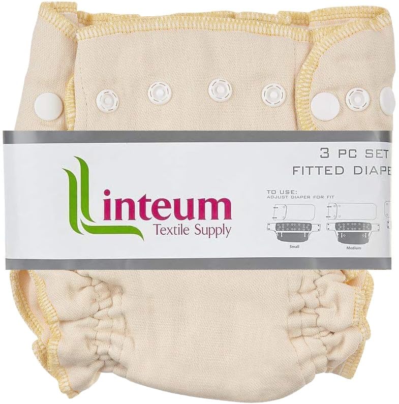 Linteum Textile Fitted Cloth Diapers with Snap Closures – 100% Cotton, Adjustable Snaps, Removable Inserts – Reusable & Washable Baby Diapers for Toddlers – Natural/Beige – 3 Pack (Small 9-15 lbs)