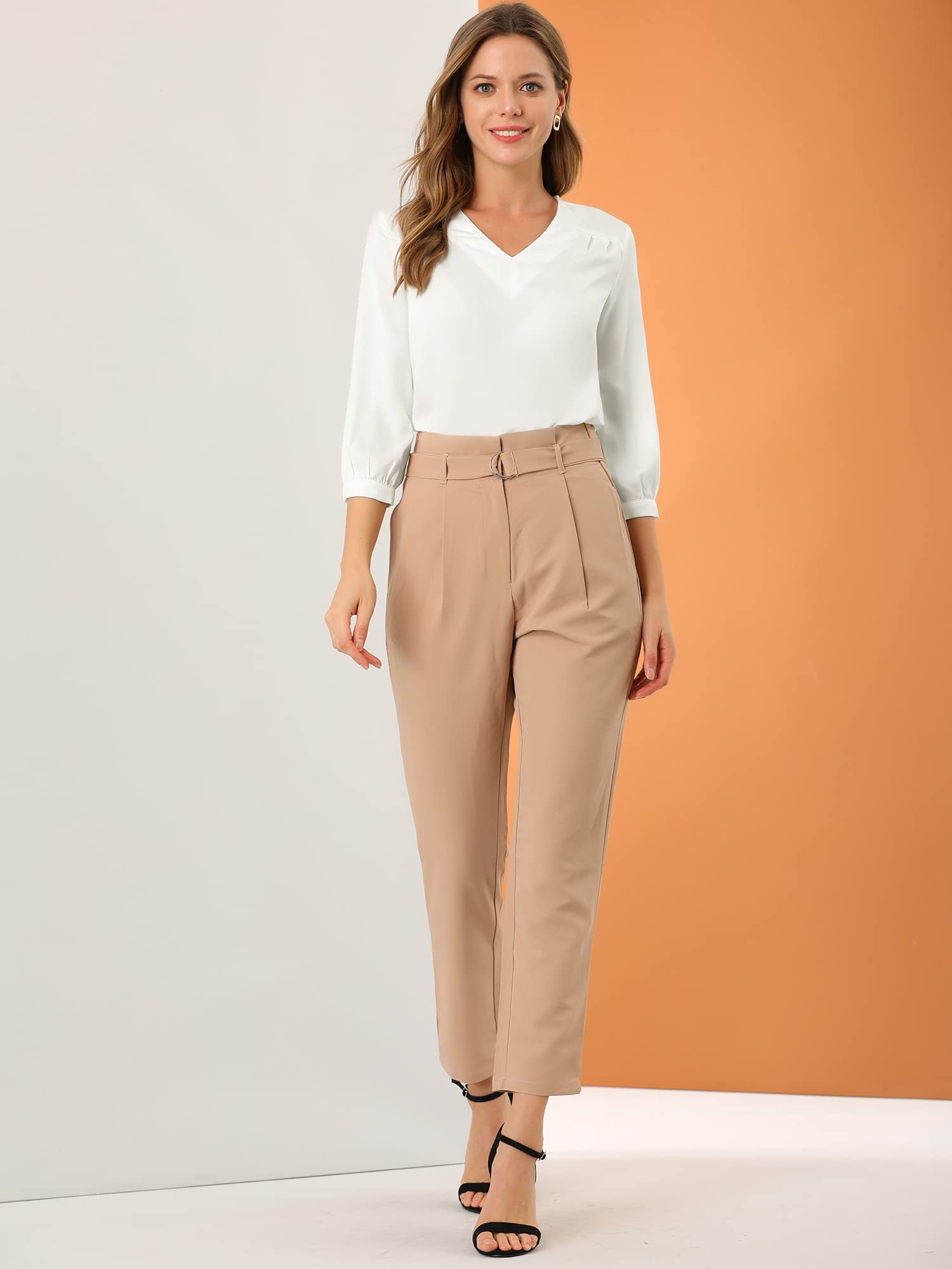 Allegra K Chemisier en satin à manches longues et col en V pour femme, blanc, Taille S