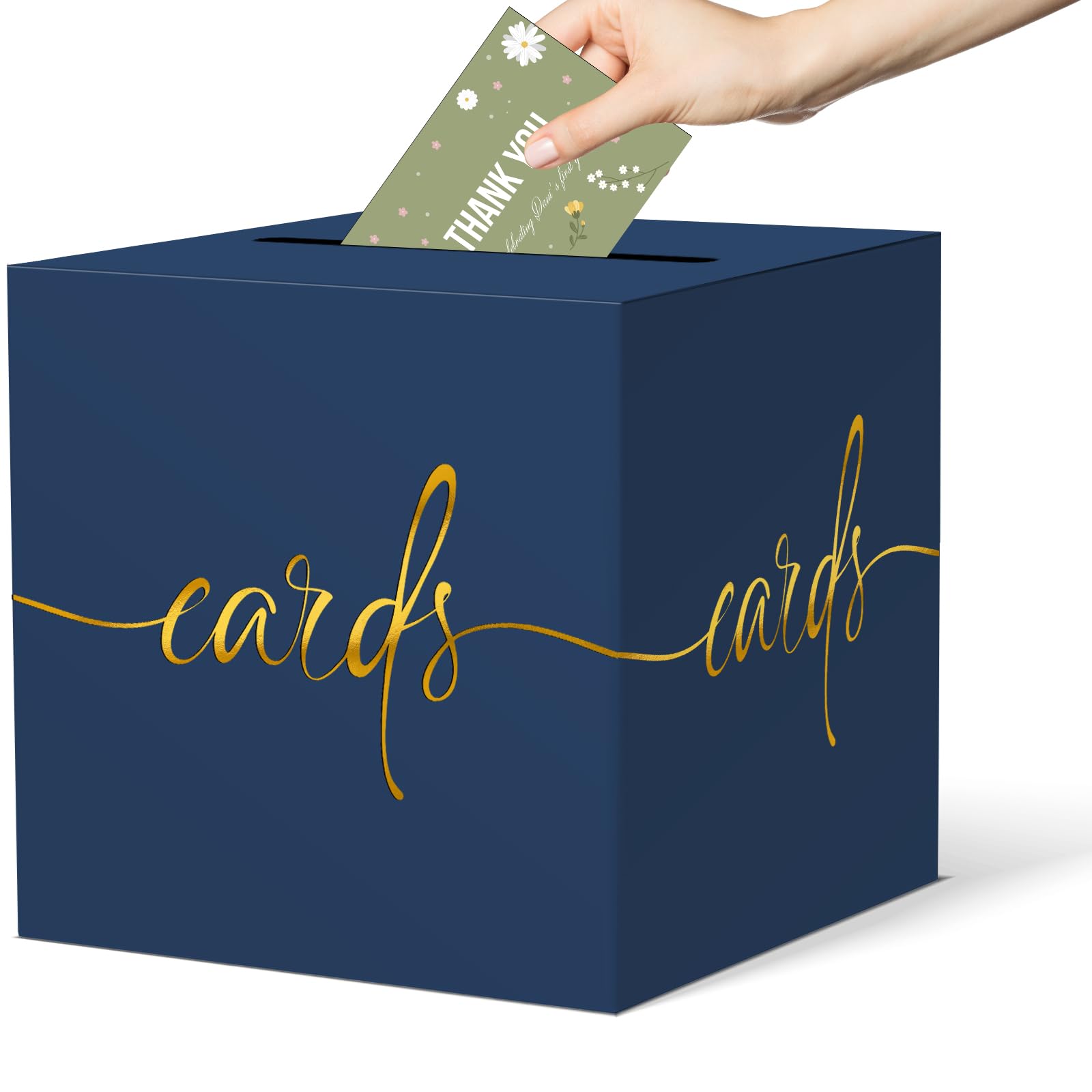 Navy Blue Wedding Card Box with Gold Foil Design, Paperboard 8.7" Card Box for Graduation Birthday Party Reception Retirement Anniversary Bridal &amp; Baby Shower