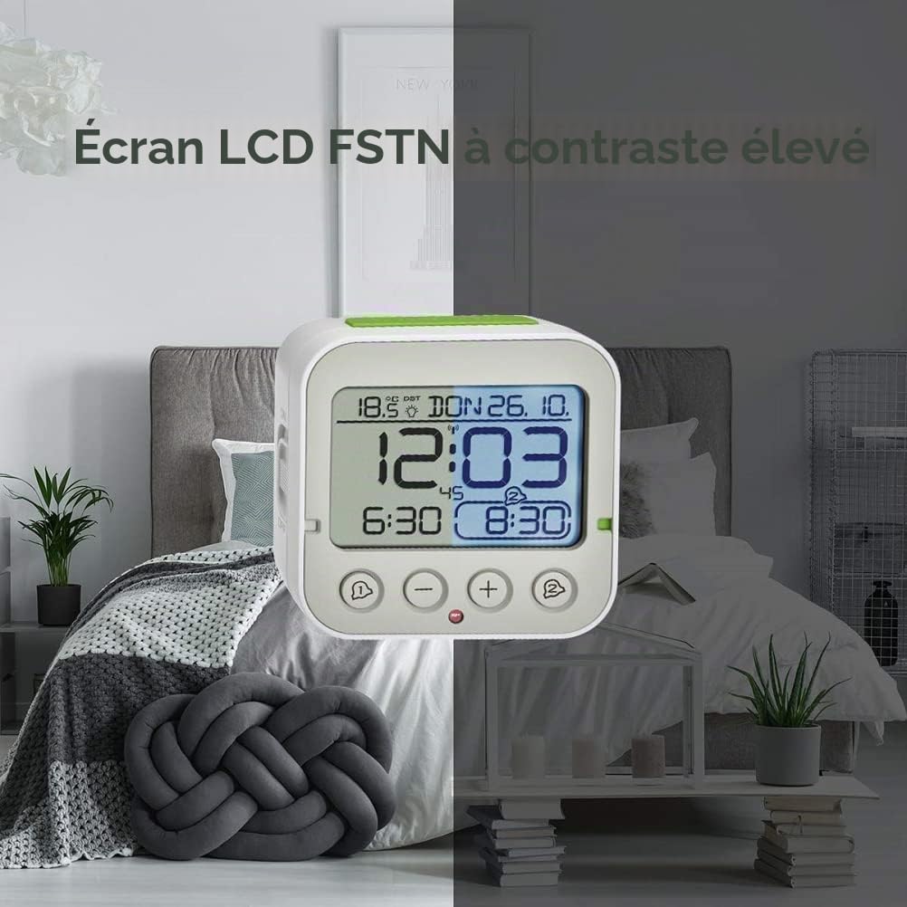 TFA Dostmann Réveil numérique Bingo 2.0, 60.2550.02, avec Horloge Radio-pilotée, Affichage de la température, 2 Heures de réveil, Snooze, réveil avec rétro-éclairage, Blanc