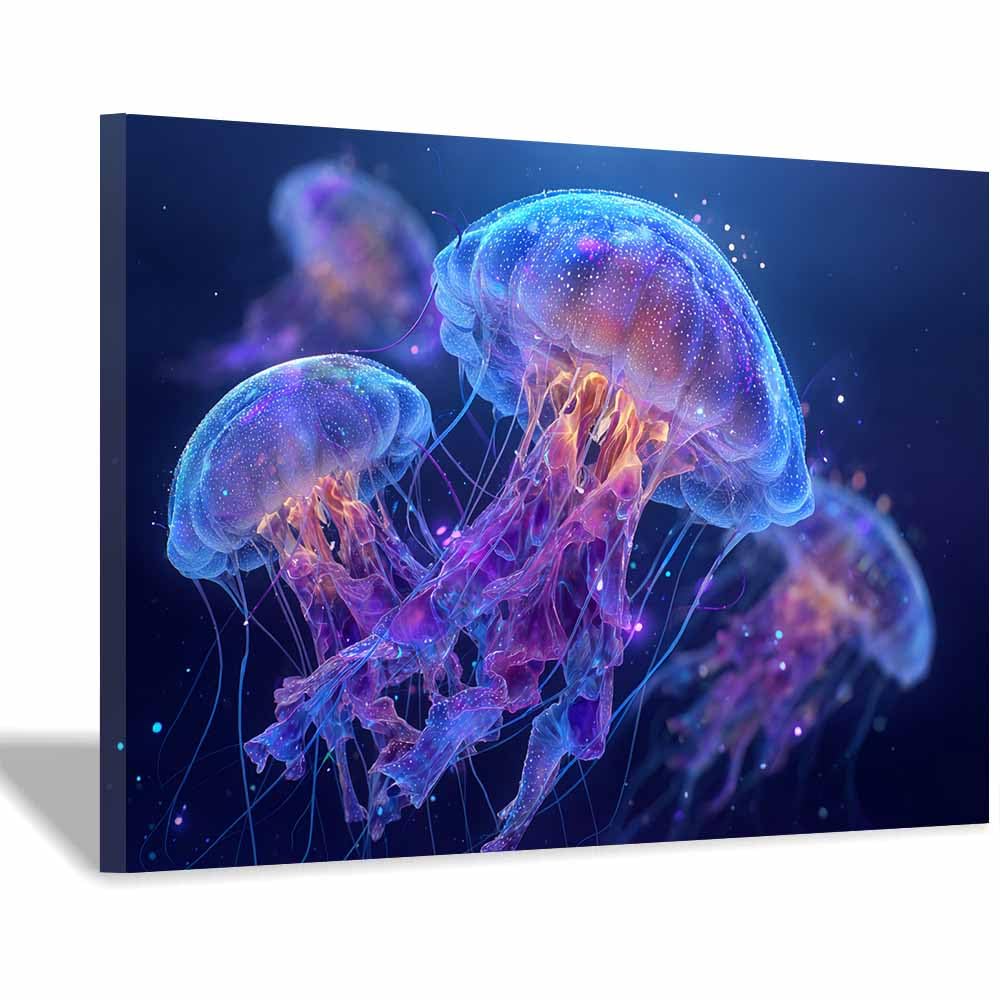 HUYEEI Blue marine animals Landscapes Paintings Colony of Jellyfishs Seascape Poster Nature Print for Livings Room Hang Bedroom Bathroom Decor(blue)-70x100cm Framed