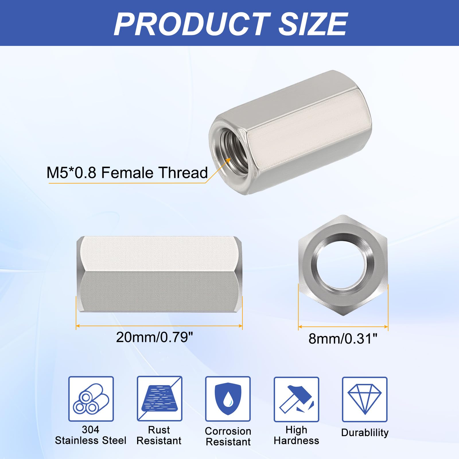 HiPicco Hex Coupling Nuts, M5 x 0.8-Pitch UNC 20mm/0.79" Length, 10 Pack 304 Stainless Steel Rod Coupling Nut for Threaded Rods & Studs - Image 2