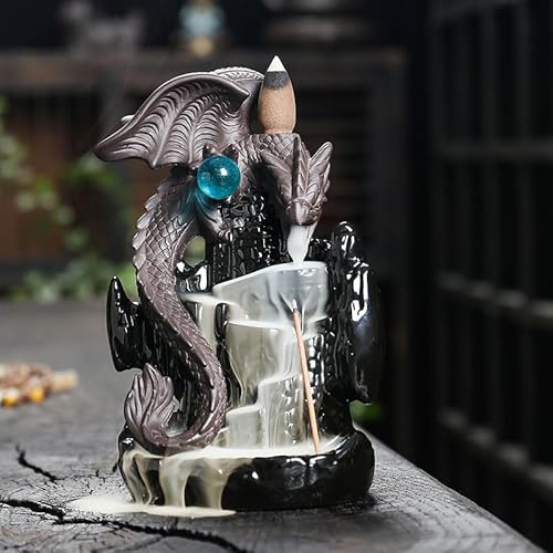 GENDLTHIJ Dragon Backflow Incense Burner,Ceramic Incense Waterfall Burners, Incense Fountain Waterfall Holders,Incense Stick Holder with 30 Backflow Incense Cones and 20 Incense Sticks