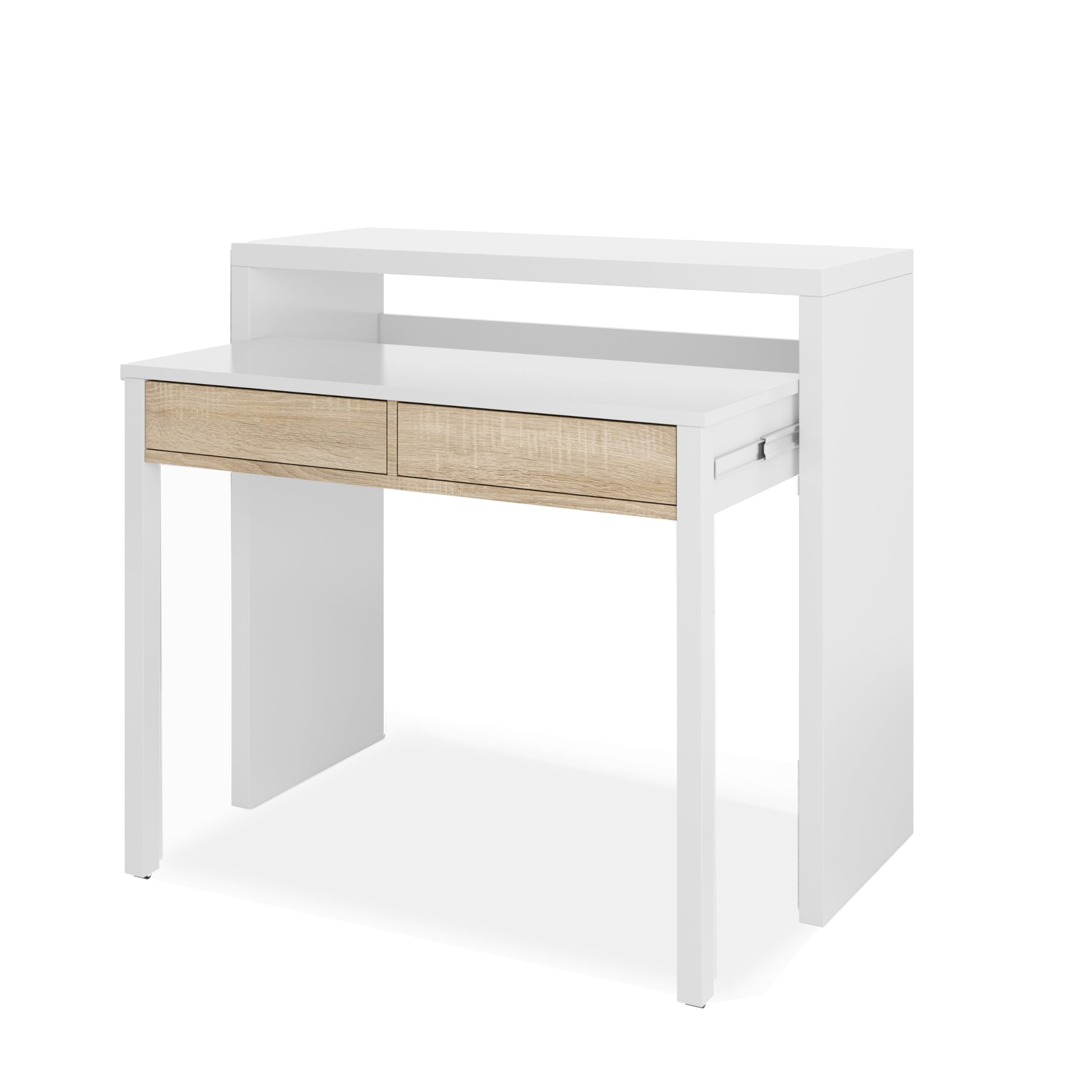 duehome | Zira, Escritorio Consola, Mesa Estudio, Consola Extensible, Acabado en Blanco Artik y Roble Canadian, Medidas: 98,5 cm (Largo) x 36-66 cm (Fondo) x 87,5 cm (Alto)
