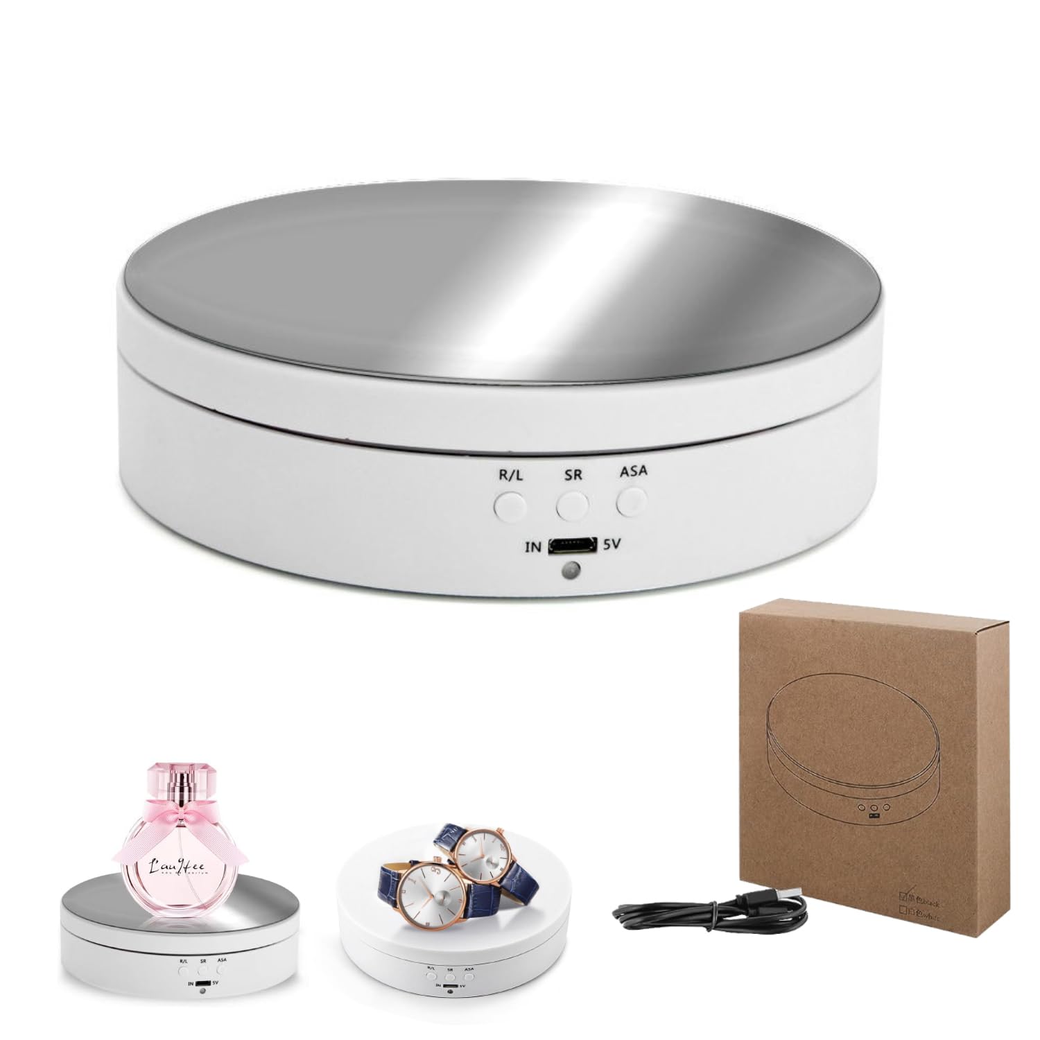 NEXT GEEK 2 in 1 Rotating Display Stand, 360 Degree Electric Rotating Turntable for Photography Products Display,With Detachable Mirror Sheets 5.5 inch White