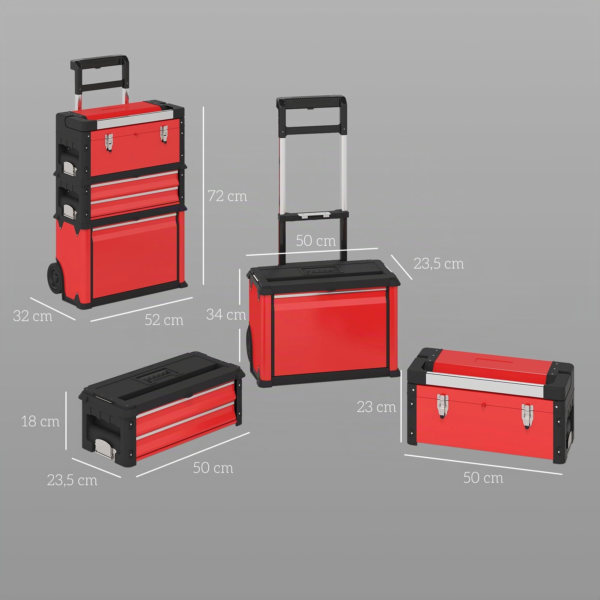 HOMCOM Carro de taller con maletín de herramientas vacío con 3 unidades modulares, carro para almacenamiento de herramientas, caja de herramientas con asa, acero, color rojo