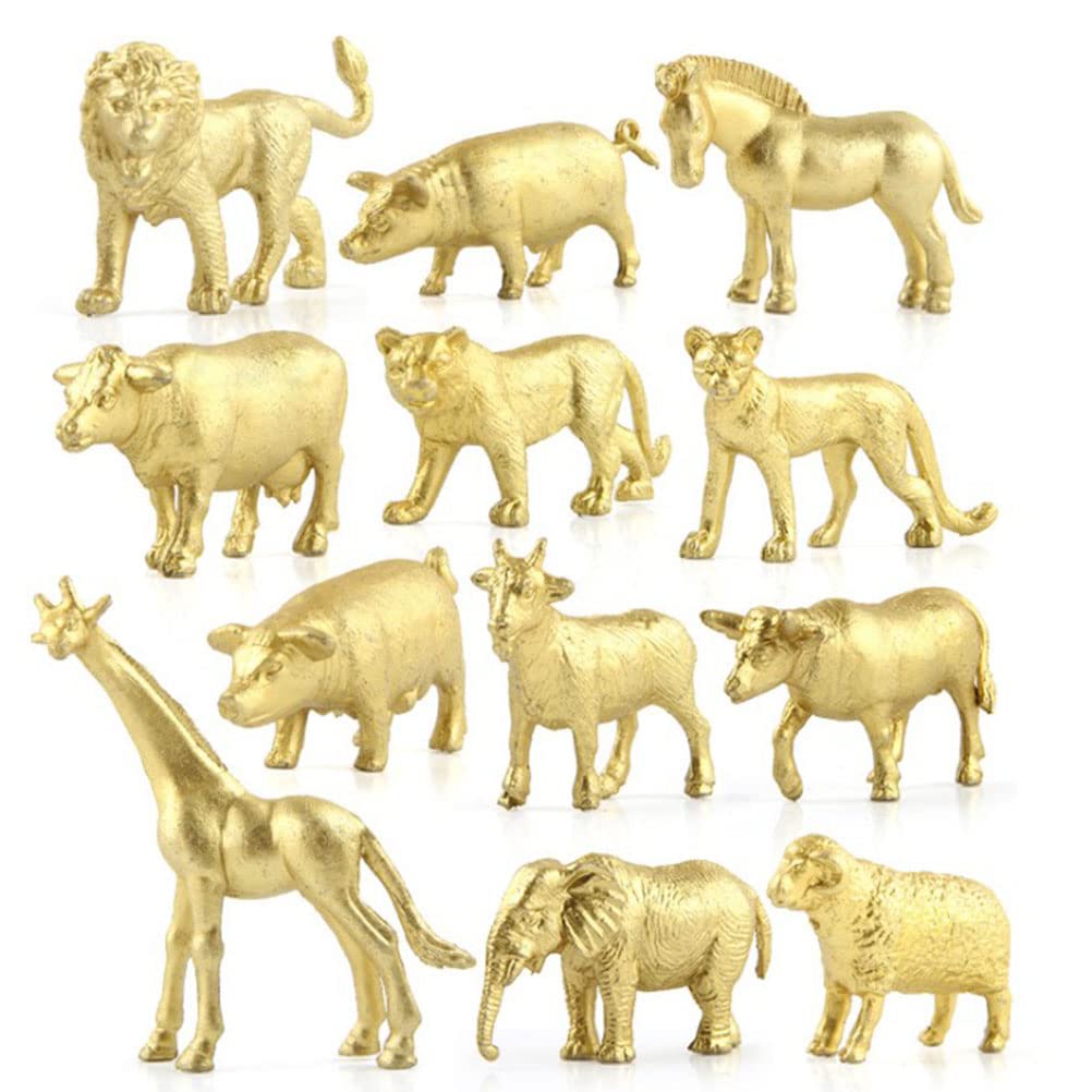 12PCS Simulation Animal Model Gold Animals Doll Ornament Gold Safari Animals Figures Toys Zoo Wild Jungle Animals Playset With Elephant Giraffe Lion Tige For Boys Gift