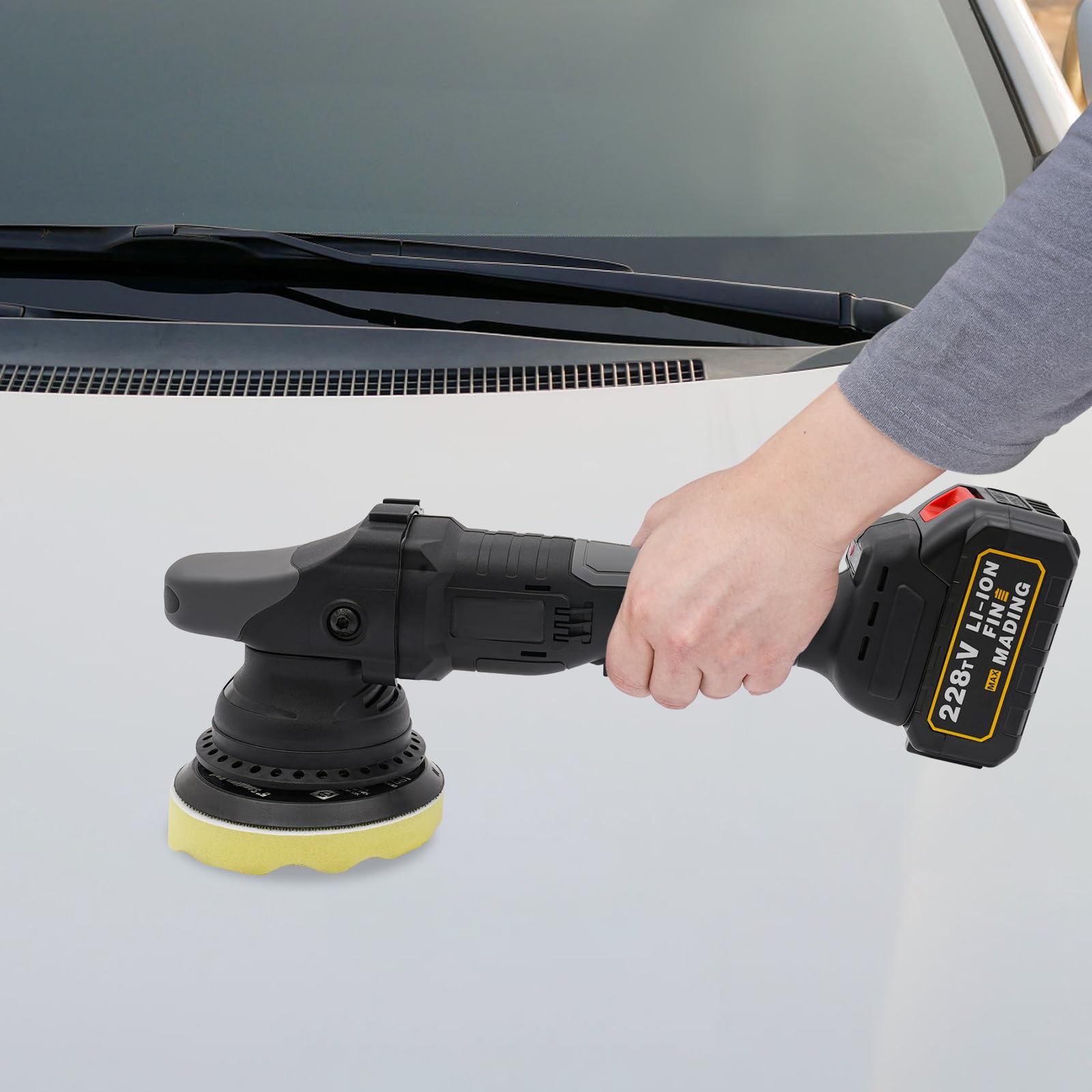 Eccentric Poliermaschine mit Lithium Batterie und Bürstenlosem Motor für Autopflege 55 Minuten Arbeitszeit 3 Gänge Geschwindigkeitsregelung 2 Akkus Polierschwämme und Poliertücher im Set