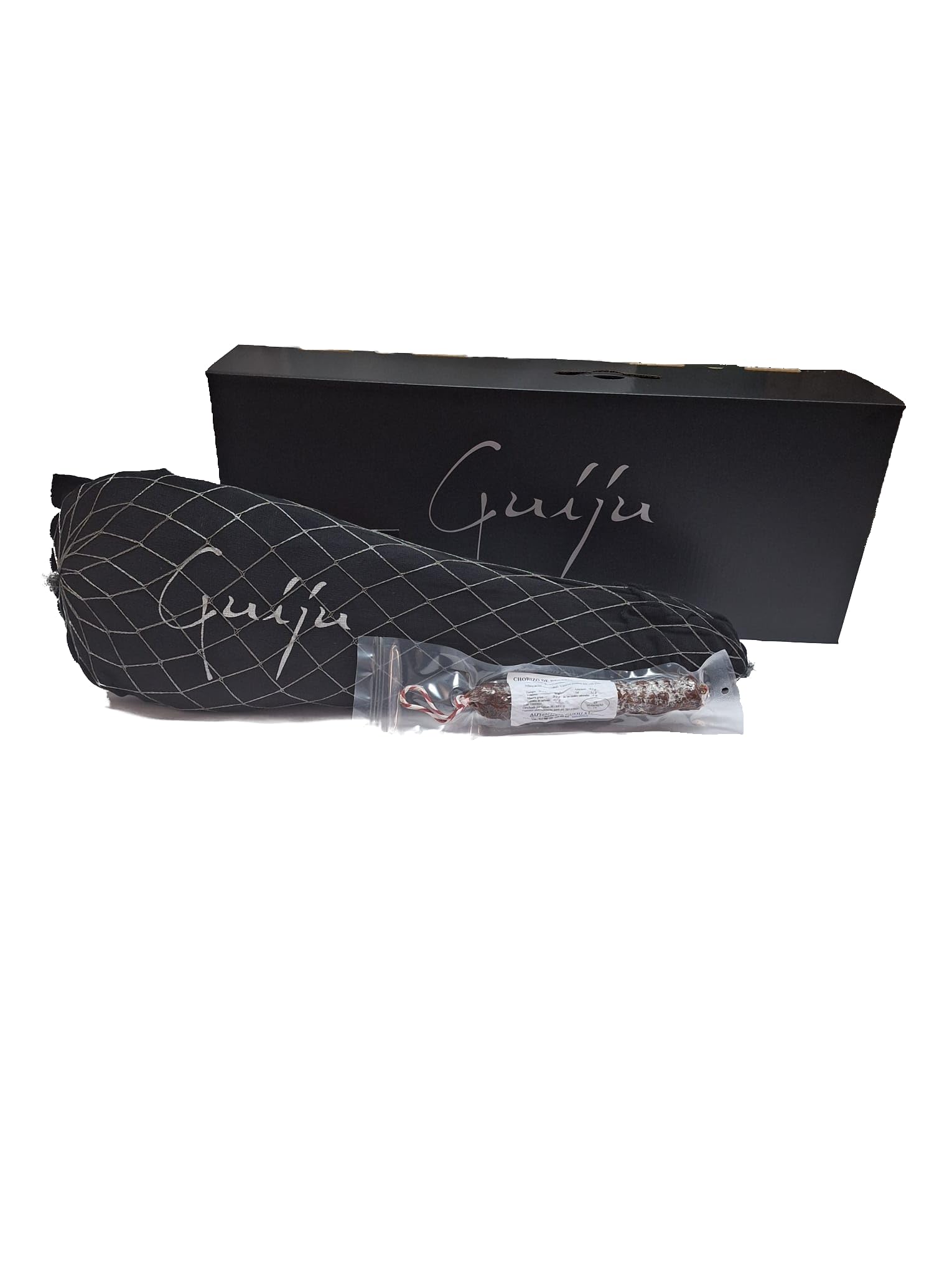 Jamón Ibérico de Bellota 100% Ibérico, Pata Negra, Aprox. 8-8,5 kg, con Chorizo o Salchichón de Bellota y Cuña de Queso de Oveja+miel natural de encina, Marca Guiju.Certificado brida negra.