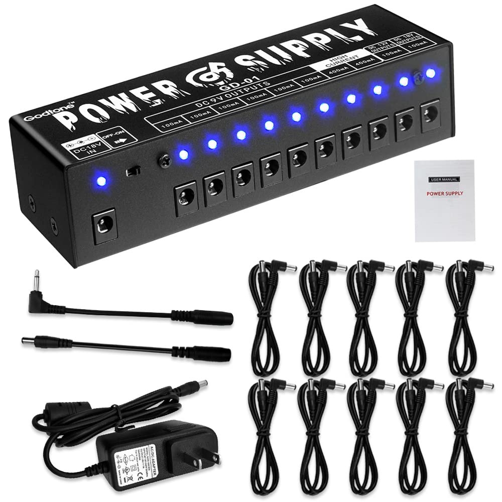 GD-01 Fuente de alimentación de pedal de guitarra, 10 salidas de CC aisladas para 9V/12V/18V100mA 400mA Pedal de efecto con protección contra cortocircuitos y protección contra sobrecorriente