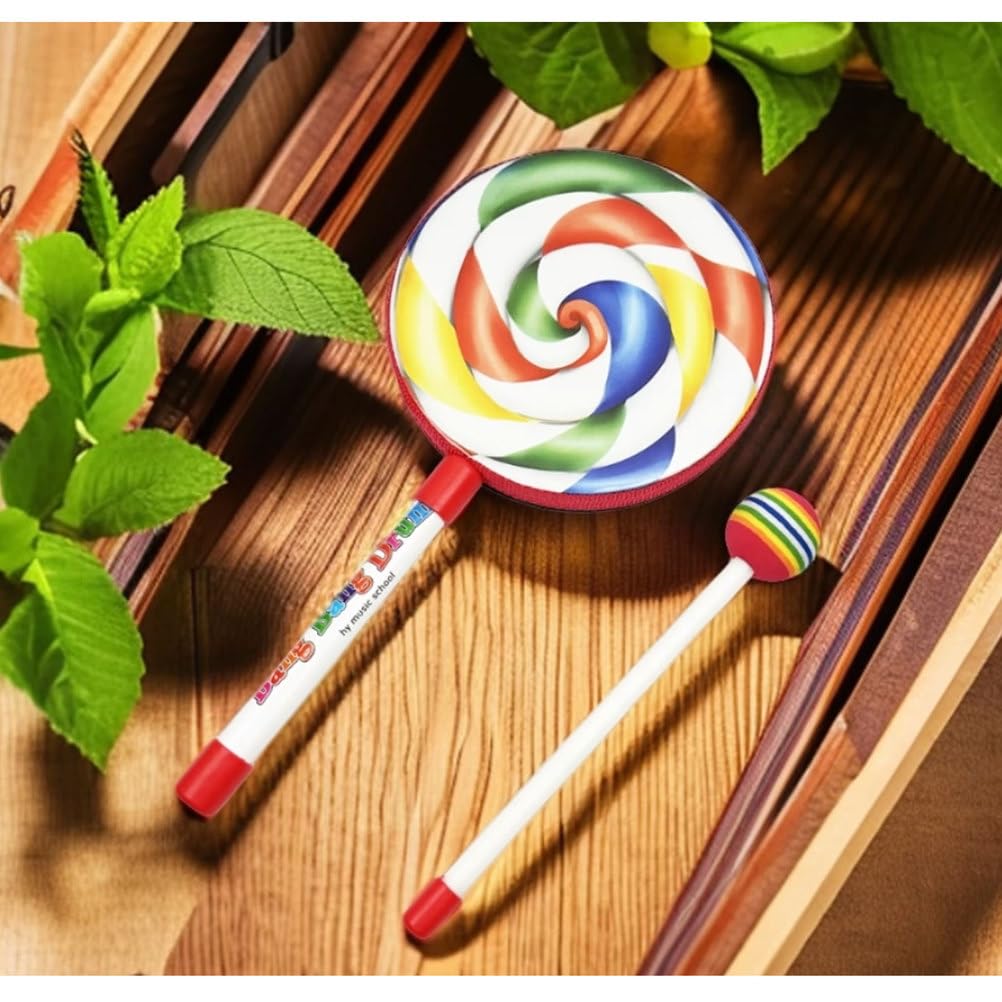 Tamburo da Mano Montessori con Lecca-Lecca e Bacchetta Arcobaleno | Strumento a Percussione a Forma di Caramella Colorata, Giocattolo di Formazione del Ritmo per la Prima Infanzia
