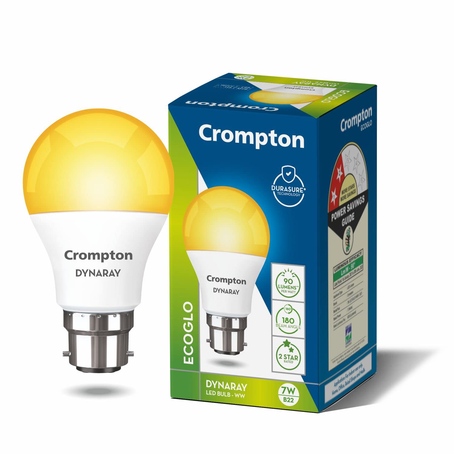 Crompton Dyna Ray LED Bulb | 7W | Warm White | B22 Base | 180 Degree Coverage | 4kV Surge Protection | 440V High Voltage Protection | Pack of 1