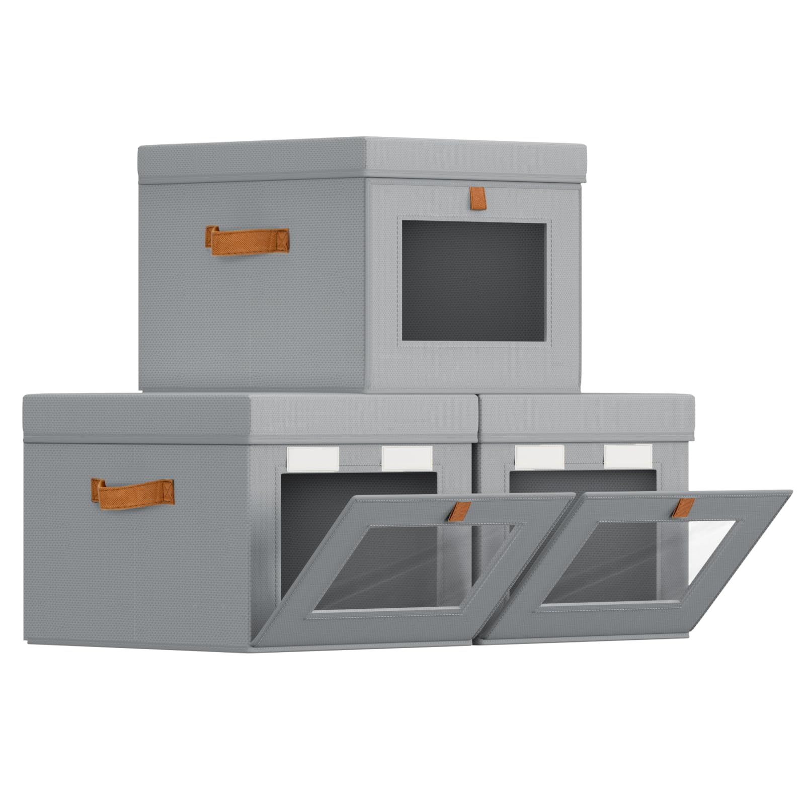 Homsorout Storage Bins with Lid – Closet Organizer with Side Opening and Clear Window, Foldable Stackable Fabric Basket for Clothes, Home, Office - 13.77" x 11.8" x 9.8", 3 Pack, Grey