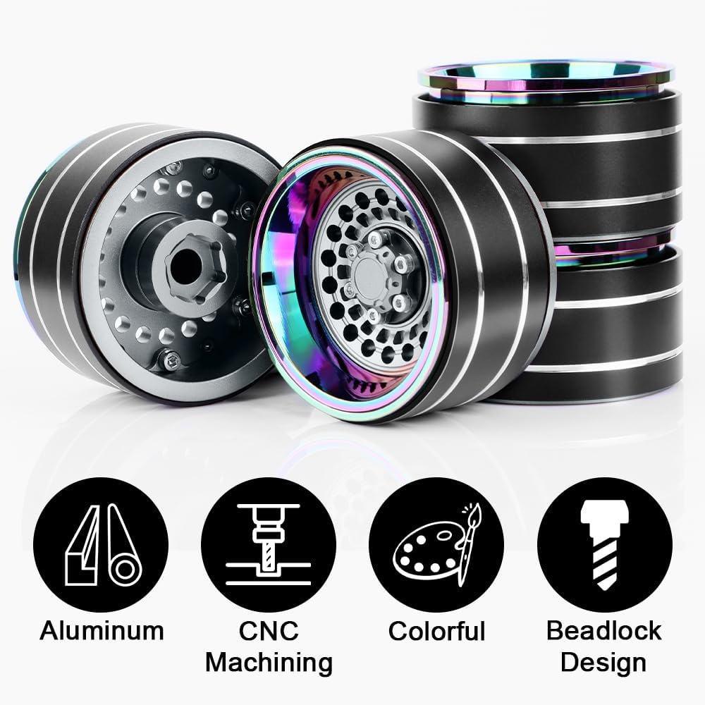 GLOBACT Rainbow 1.9 Beadlock Wheel Adjustable Offset -10mm/-13mm Aluminum Rim for TRX4 TRX6 Axial SCX10 FMS Redcat RC4WD Gmade 1/10 RC Crawler Upgrade Parts (Titanium)