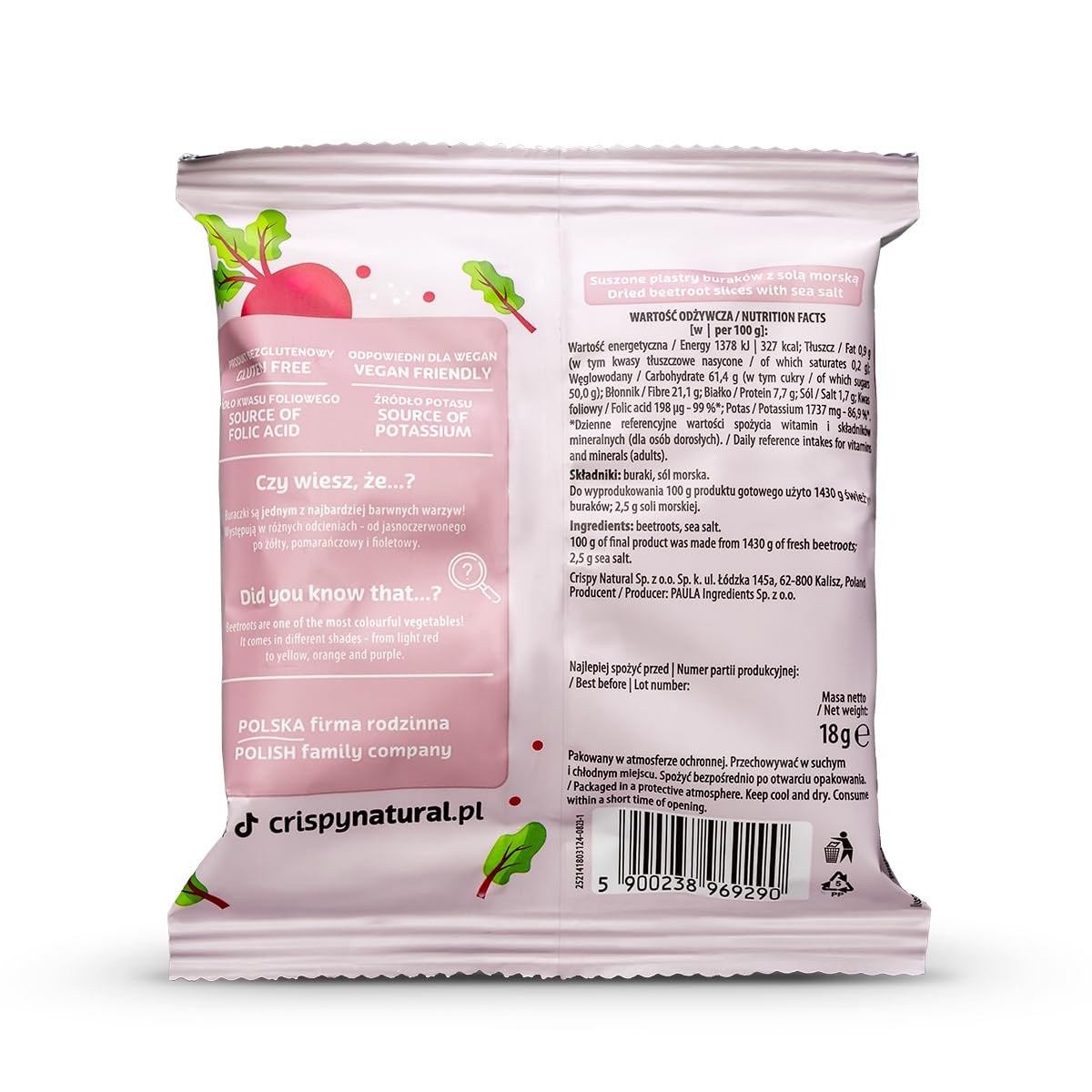 Crispy Natural Tranci di Barbabietola Essiccata con Sale Marino 24 x 18g Naturali Senza Aggiunta di Zucchero e Grassi Confezioni Pratiche