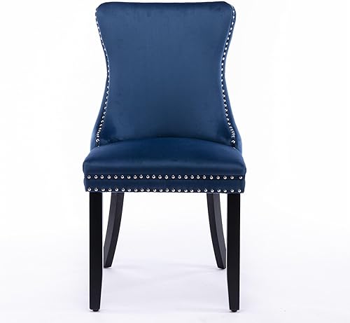 Miniatura 9 de Silla de comedor tapizada de terciopelo con respaldo de ala y patas de madera marrón, decoración de remaches, silla auxiliar moderna de mediados de