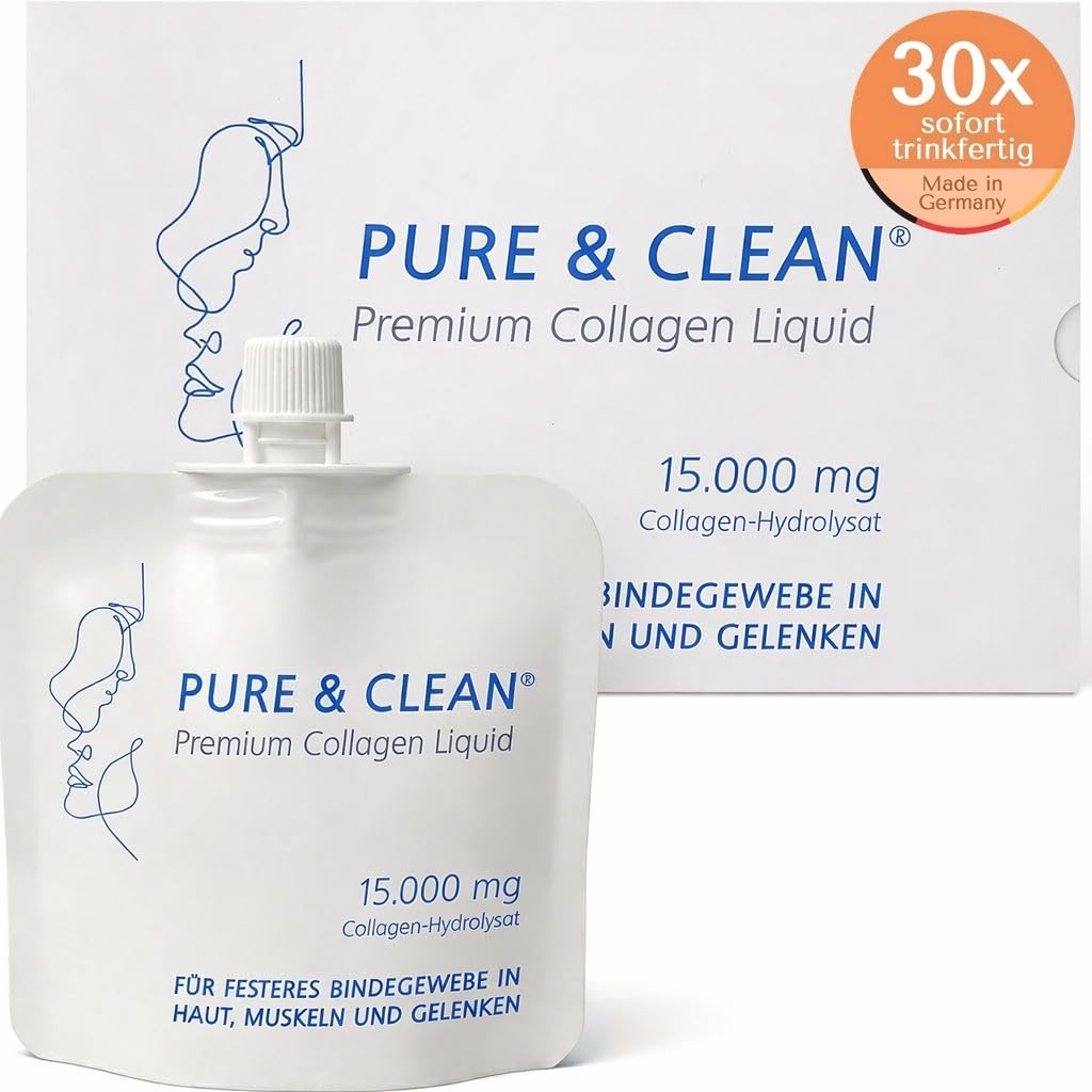PURE & CLEAN Collagen Liquid 15.000 mg | Höchstdosiert für straffe Haut, Gelenke & Muskeln | Anti-Aging Premium Kollagen, hohe Bioverfügbarkeit, trinkfertig | Mit Vitamin C, 30 Beutel für 30 Tage