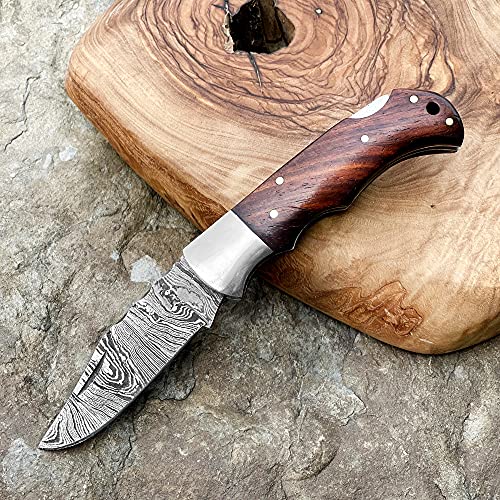 Winterfell Personalized Engraved Damascus Steel Pocket Folding Knife Customized Groomsmen Gifts Gift For Husband Dad Blade Made Of Authentic Damascus Steel 100% Handmade 6.5" Knife For Outdoor Camping Back Lock (Brown) #TOP4