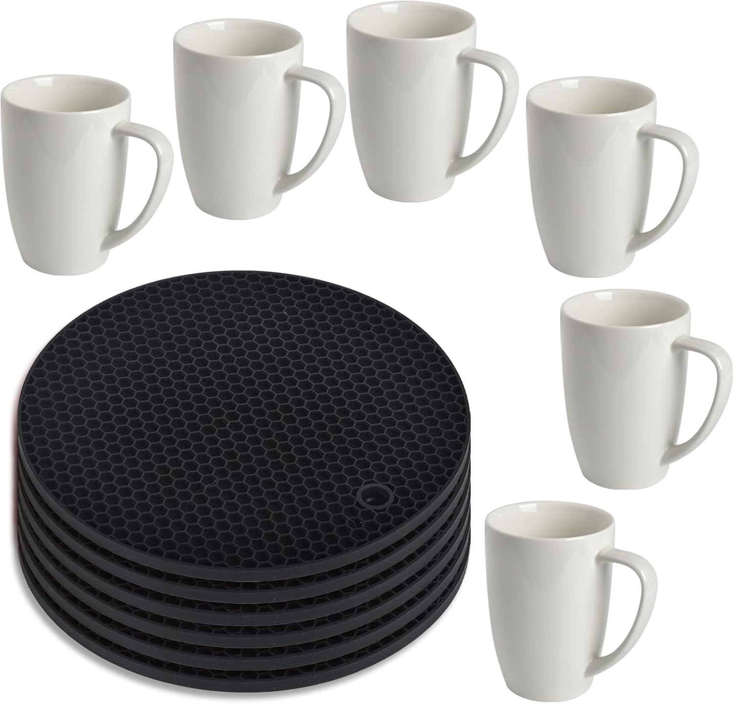 homEdge Silicone Trivets and Mugs, 6 Packs Round + 6 Coffee Mugs