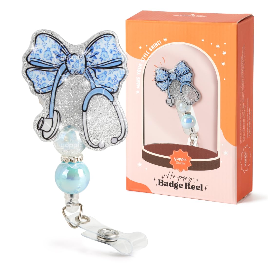 YOPPIX Blue Floral Stethoscope Bow Badge Reel, Funny Sparkly Glitter Retractable Badge Reel for Nurses RN EN Doctor Paramedic Teachers Medical Office