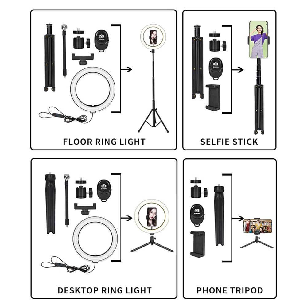 Aro de Luz con tripode, Aro 25cm 2 Trípodes hasta 160cm, Luz Bicolor con Control Remoto Bluetooth, Incluye 3 Pinzas para Móvil Vivo de Youtube, Tiktok, Facebook, fotografia