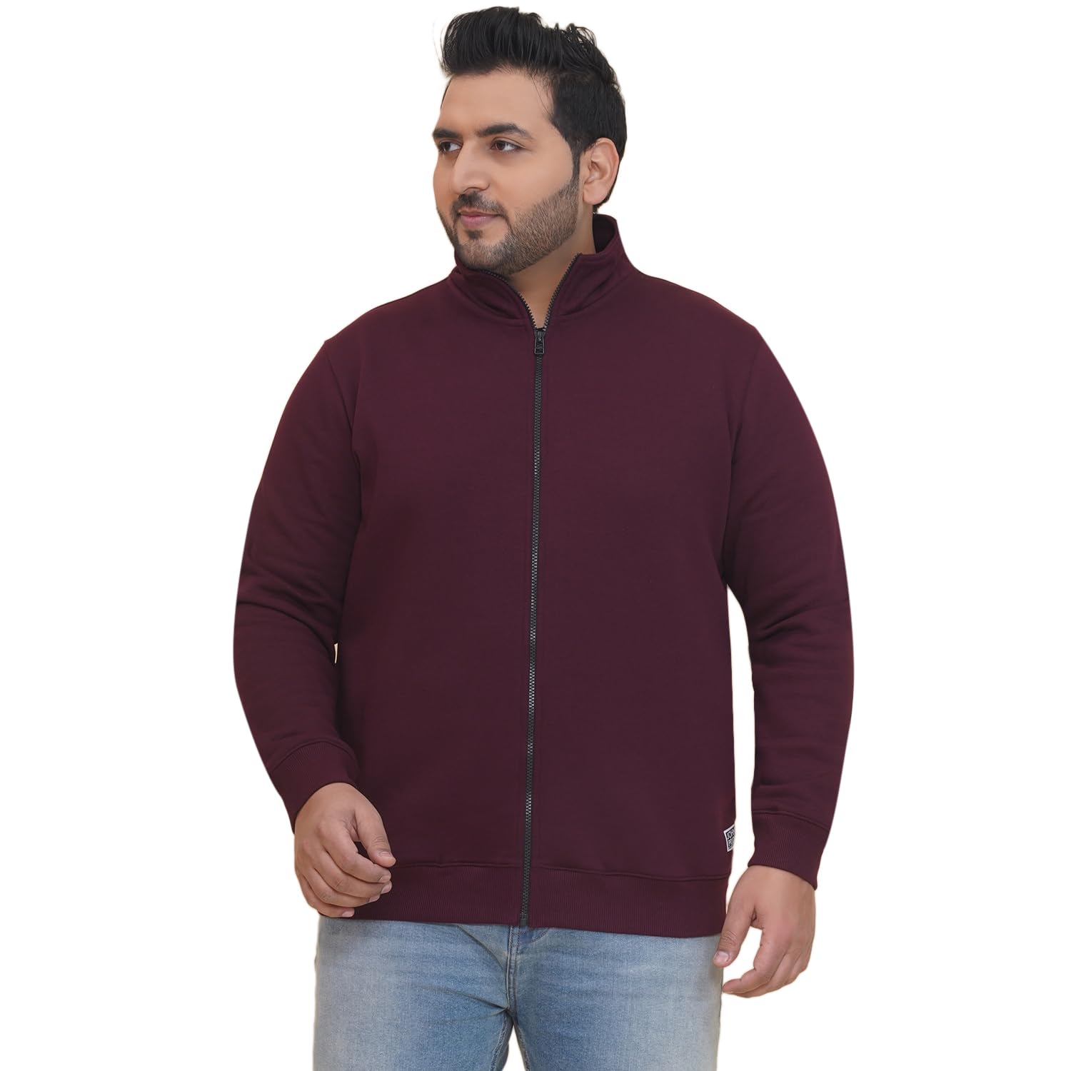 john pride Plus Size Men Mock Collar Solid Fleece Wine Front-Open Sweatshirt (JPSWT75216_Wine)-picture-21