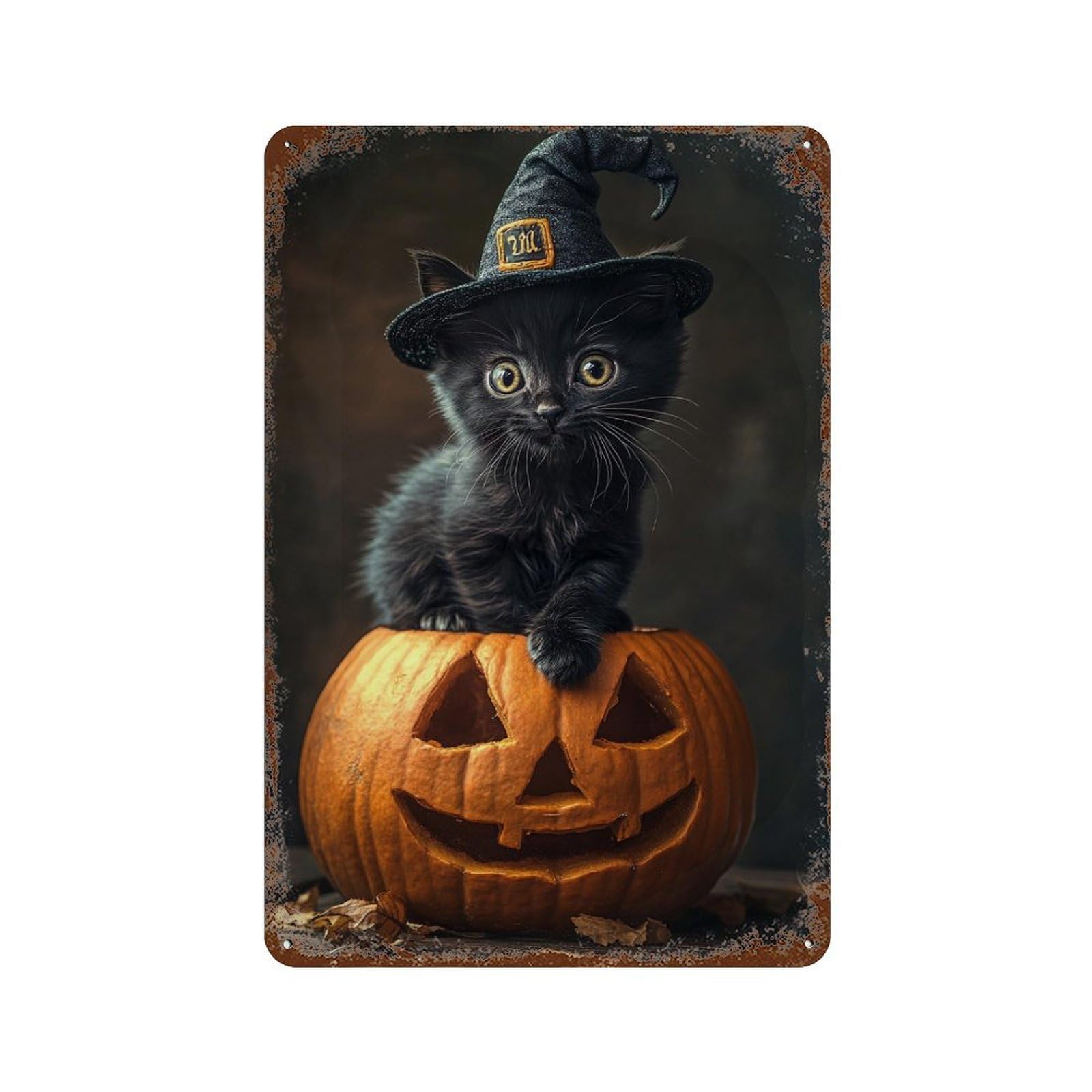 Halloween Black Cat Pumpkin Decoration Weathered Tin Sign 11.8"x7.9", Rustic Home Decor for Garage, Bar And Workshop Decor